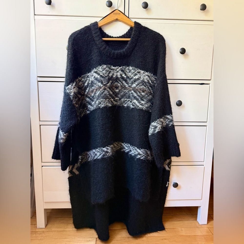 FREE PEOPLE WOOL big long sweater poncho Aztec Jacquard Tribal Knit XS/S western